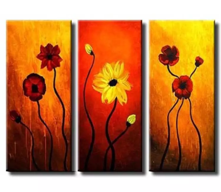 floral painting - original red yellow flowers painting on canvas for living room modern beautiful floral art for bedroom