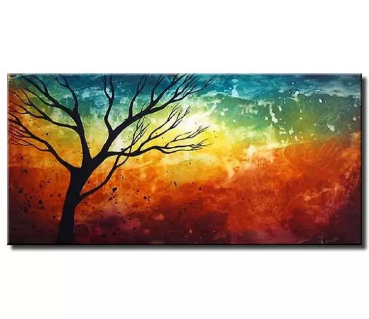 landscape painting - Contemporary abstract tree painting for living room original modern blue red painting on canvas