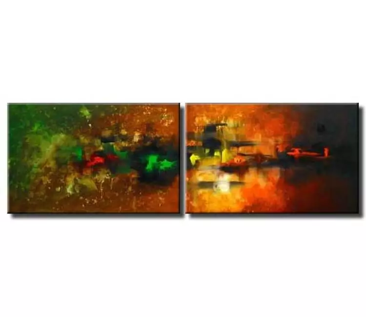 cosmos painting - modern green red big abstract painting set of 2 large canvas art