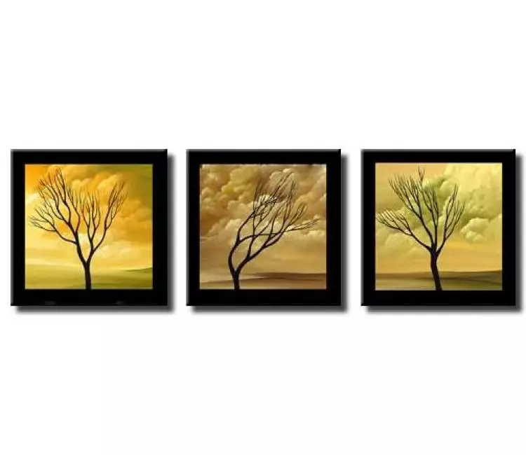 landscape painting - original neutral abstract tree paintings on canvas modern set of 3 wall art for living room and office