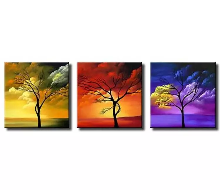 landscape painting - colorful modern landscape trees painting on canvas original set of 3 abstract art for living room
