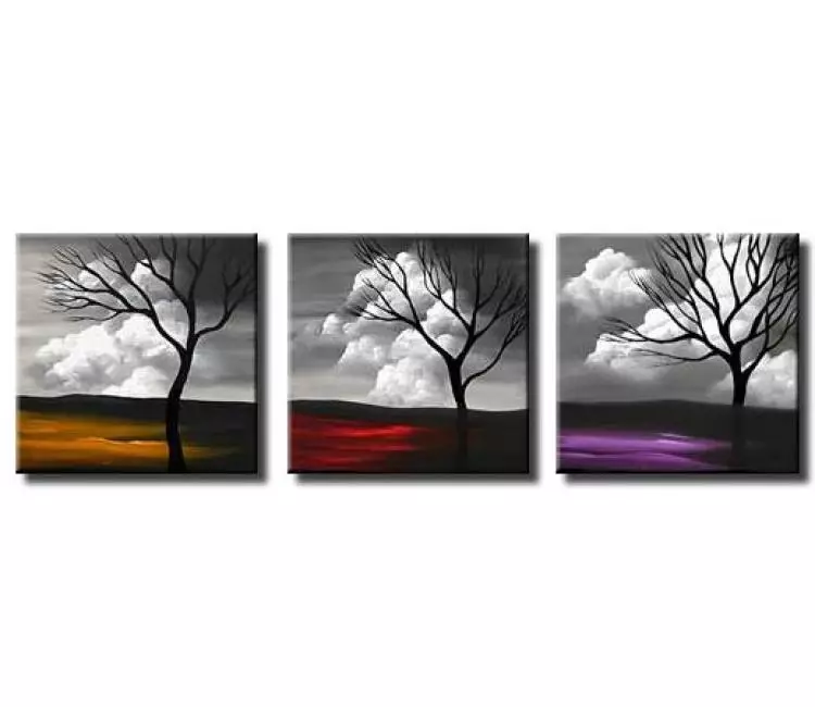 landscape painting - modern gray tree abstract paintings on canvas original triptych wall art for living room
