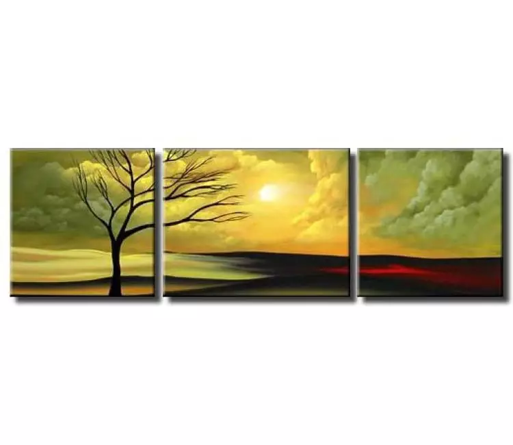 landscape paintings - big modern sunrise abstract landscape painting on canvas original green yellow tree wall art living room