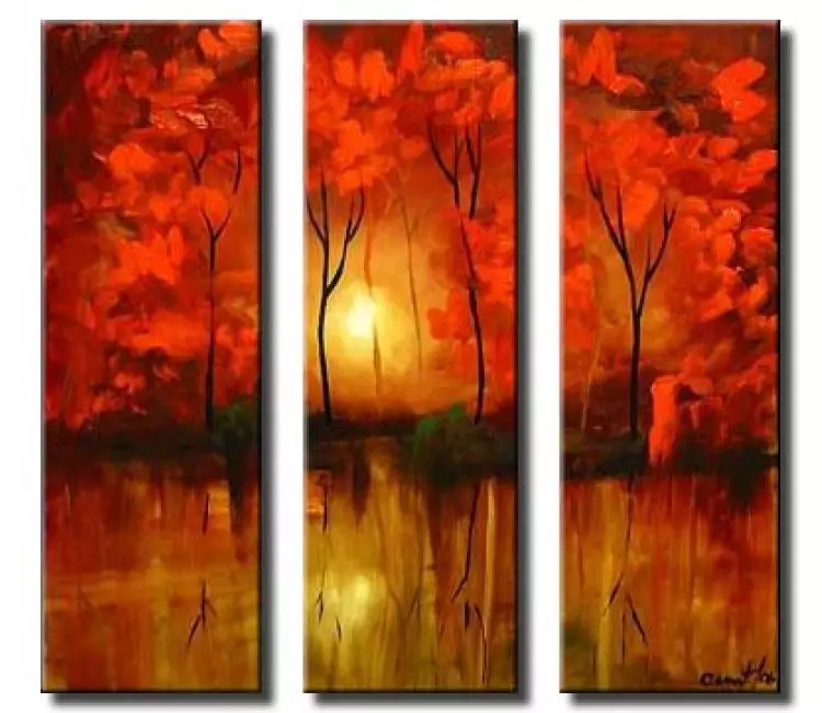 forest painting - modern landscape trees painting on canvas original red gold contemporary art decor