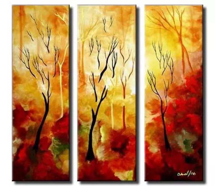 forest painting - modern landscape forest painting on canvas set of 3 abstract trees painting in yellow red colors