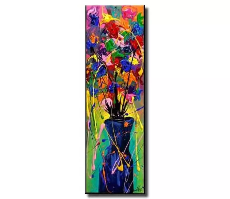 floral painting - modern original colorful flowers in vase painting on canvas textured vertical art decor