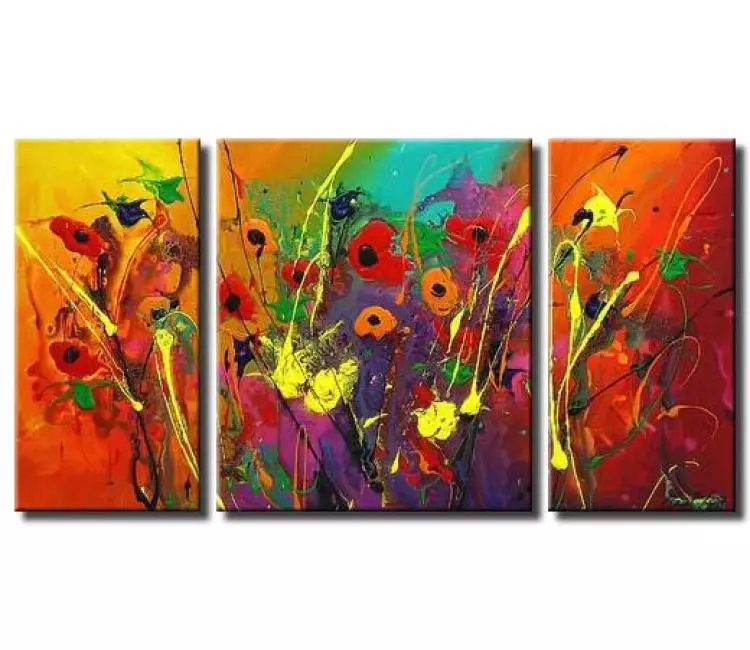 floral painting - triptych colorful floral art on canvas modern vivid bold colors abstract flowers painting