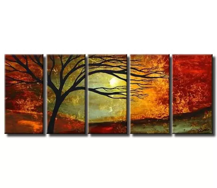 landscape paintings - original abstract landscape sunrise painting on canvas multi panel red green modern red green art