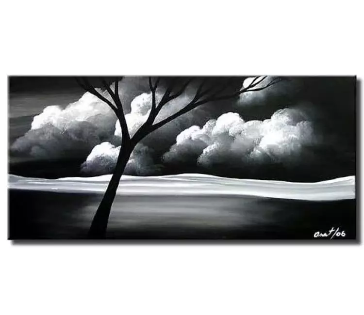 landscape painting - black white modern abstract landscape tree art on canvas original minimal wall art decor