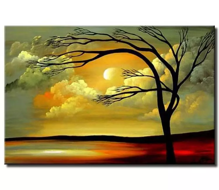trees painting - modern abstract landscape tree painting on canvas original sage green red art decor