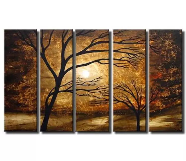 landscape paintings - big multi panel brown beige neutral abstract landscape tree painting modern living room wall art
