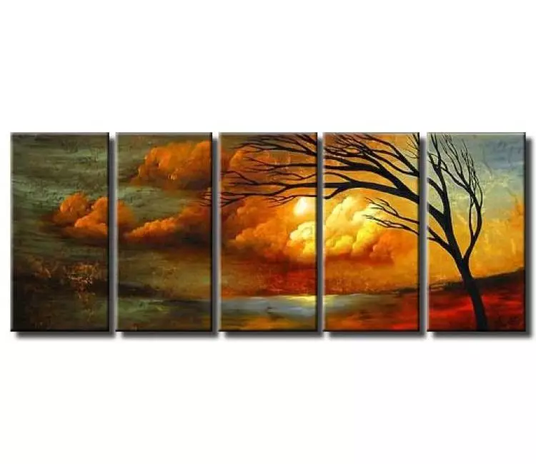 landscape paintings - big modern green orange landscape tree painting on multi panel large canvas original art decor