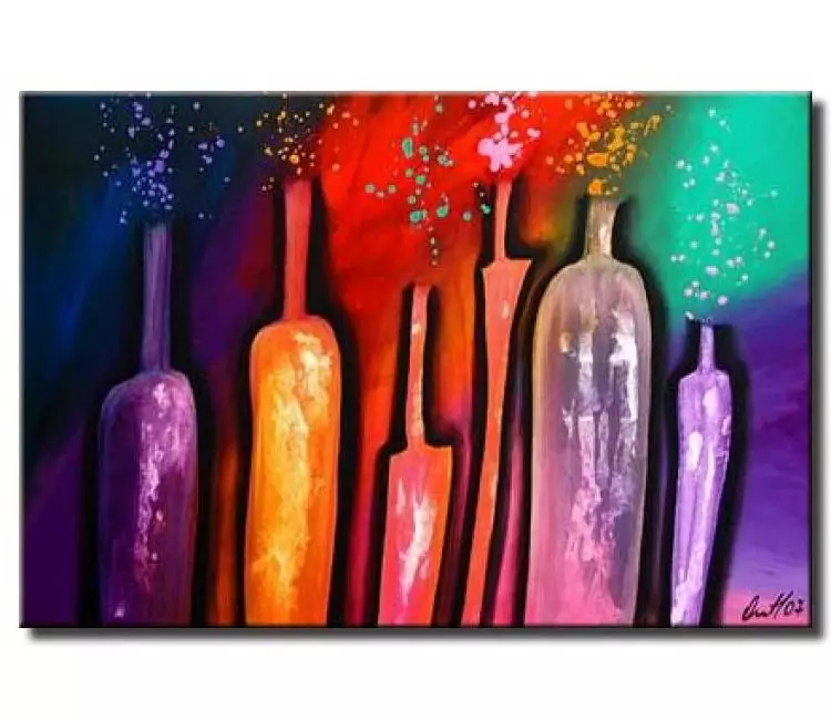 abstract painting - original colorful modern abstract bottles painting on canvas contemporary wall art decor