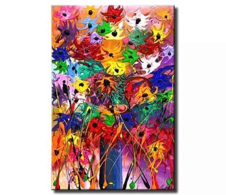 floral painting - textured abstract colorful flowers in vase painting on canvas modern living room wall art decor