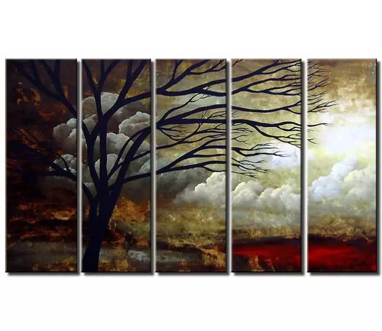 landscape paintings - big original modern tree painting on large canvas grey  decorative landscape clouds art for living room
