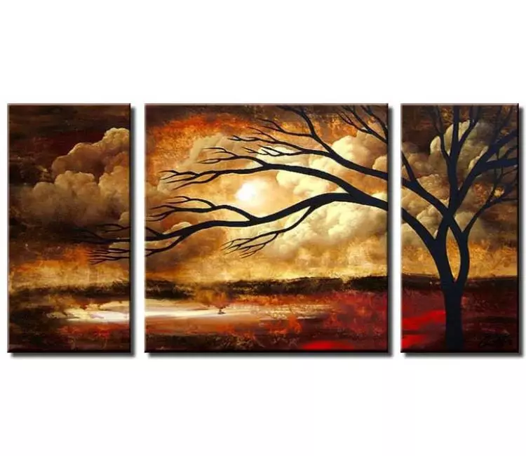 landscape paintings - original neutral abstract landscape tree painting on canvas art modern beige red sunrise painting