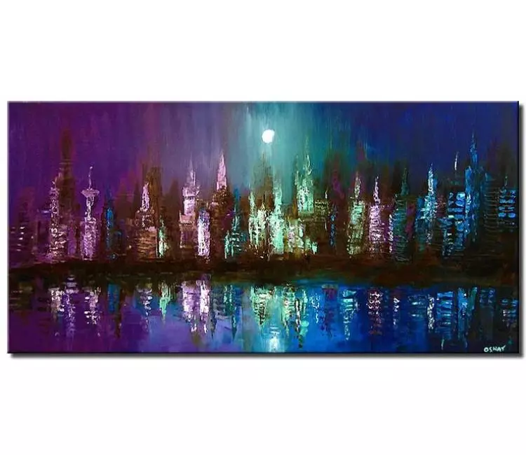 cityscape painting - modern abstract city painting on canvas original textured blue purple cityscape art