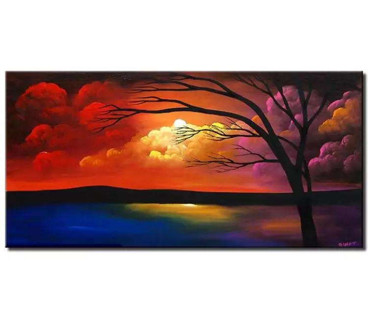 landscape paintings - colorful landscape tree painting on canvas original modern sunset living room wall art