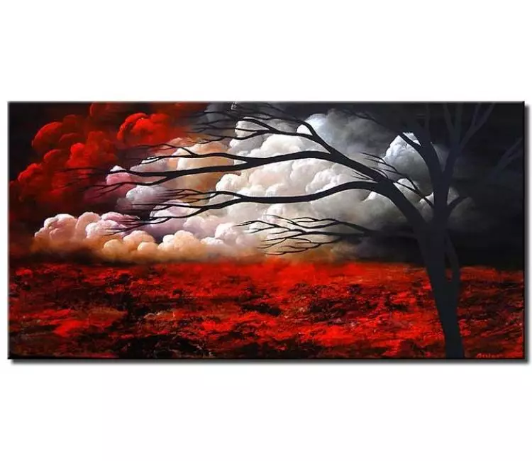 trees painting - minimal modern black red landscape painting on canvas original contemporary tree living room art
