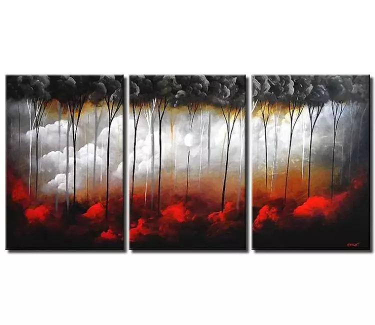 forest painting - big modern grey red trees abstract painting on canvas original large contemporary living room art
