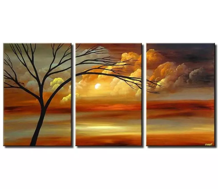 landscape paintings - beautiful abstract landscape tree painting multi panel big canvas modern art in earth tones neutral colors