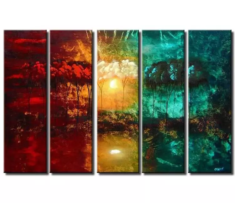 forest painting - big beautiful abstract landscape trees painting large canvas modern art in turquoise red colors