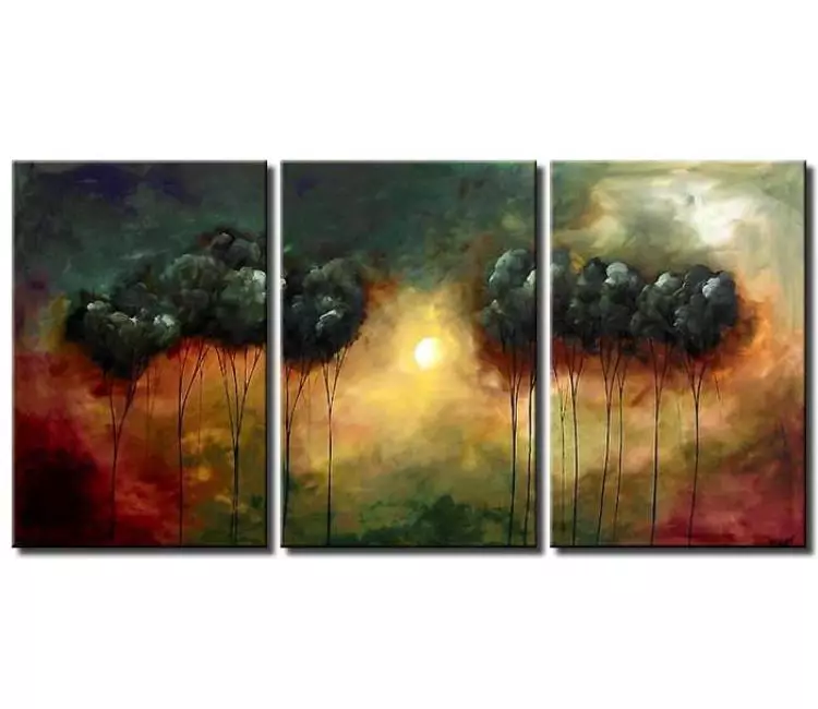 forest painting - original modern landscape painting on canvas big trees art for living room in green red beige colors