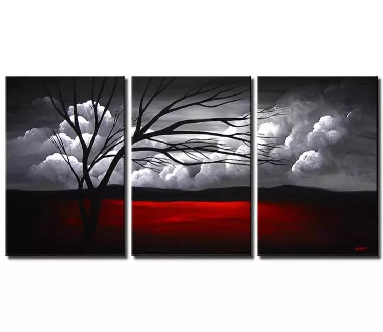 landscape paintings - original modern landscape painting on canvas big tree art for living room in grey red colors