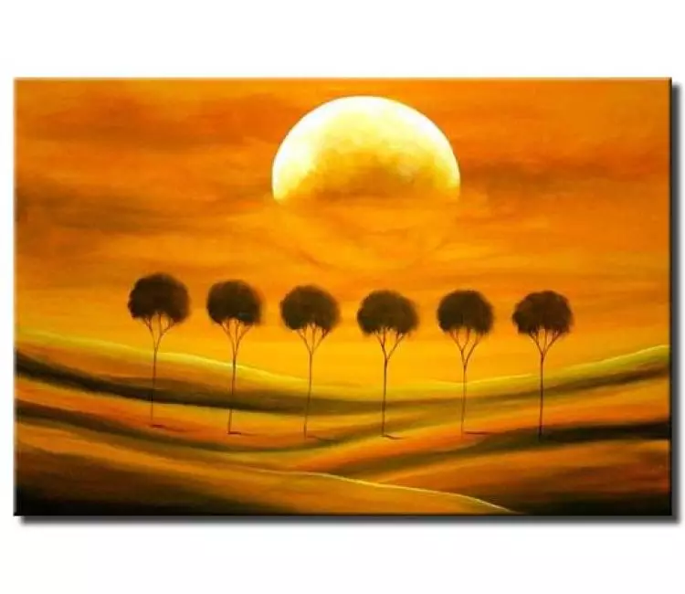 forest painting - dawn sunrise over brown trees