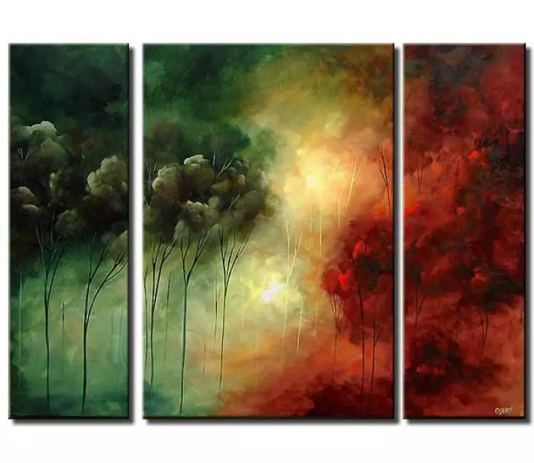 forest painting - green red modern landscape painting for living room original large tree art on canvas