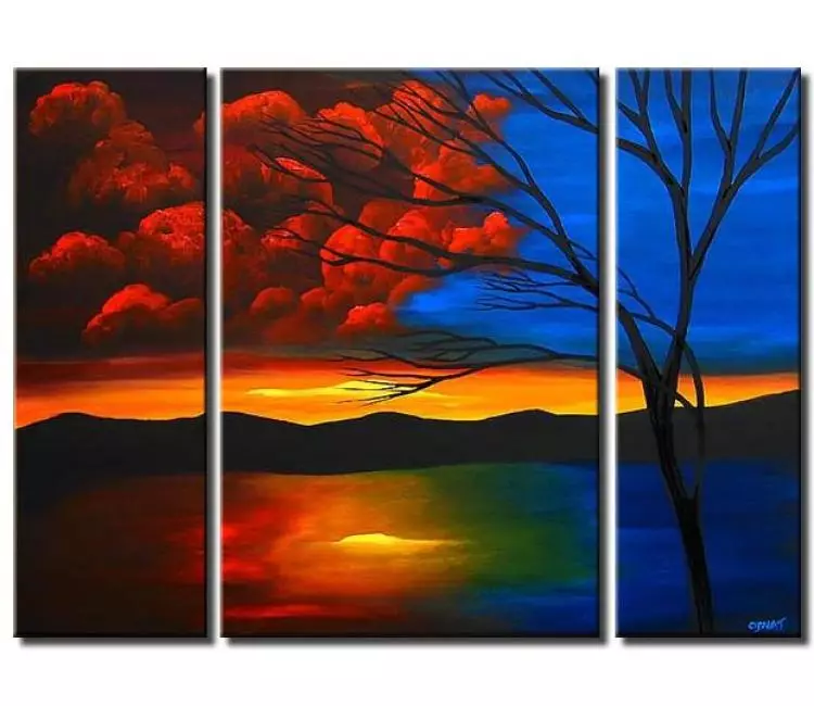 landscape paintings - blue red modern landscape painting for living room original large tree art on canvas