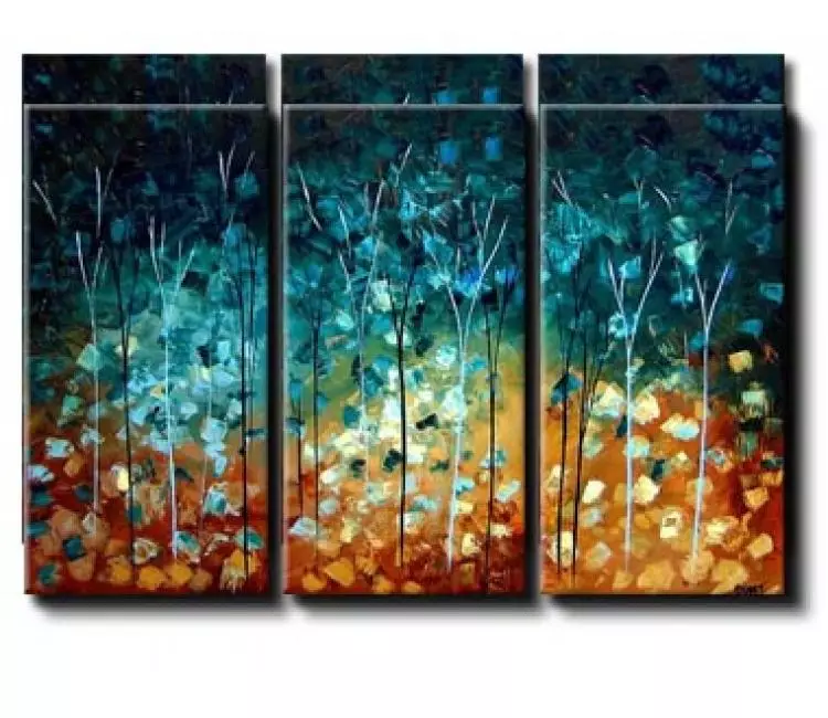 forest painting - modern teal colors forest trees painting on canvas textured landscape painting
