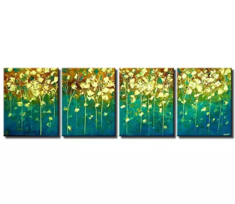 floral painting - big modern teal yellow abstract trees painting on canvas textured living room wall art