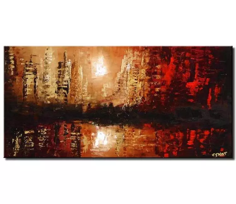 cityscape painting - red beige abstract cityscape painting on canvas modern city art for living room office art