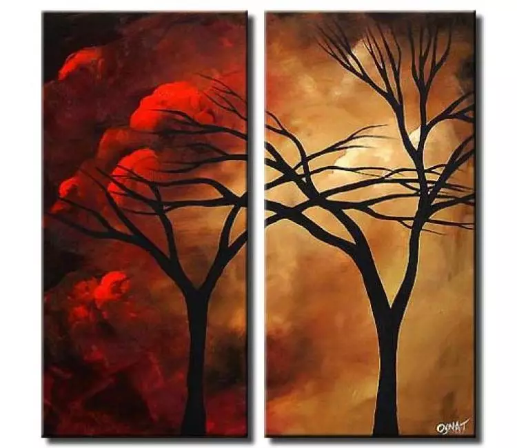 trees painting - modern trees painting on canvas diptych red gold tree art