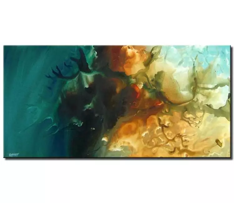 fluid painting - modern beautiful teal abstract painting canvas art for living room wall art