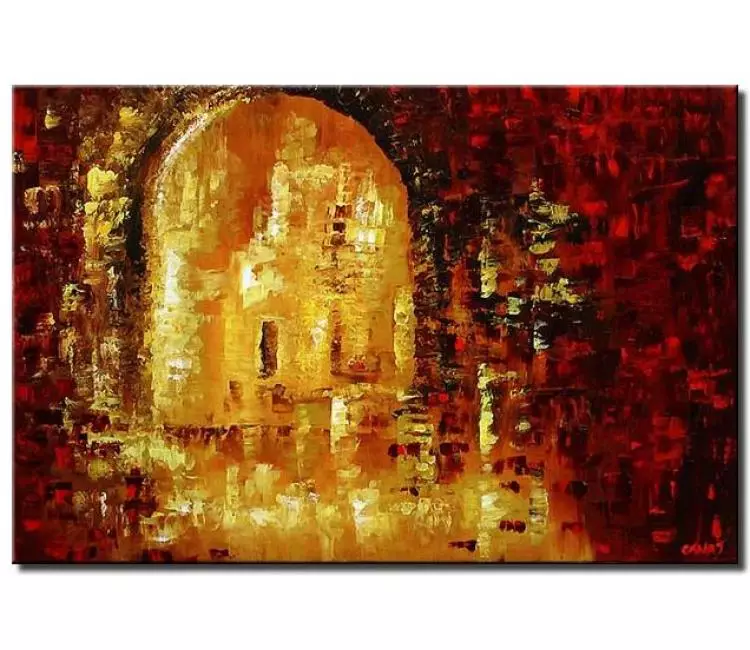 cityscape painting - red gold city painting on canvas textured modern cityscape art