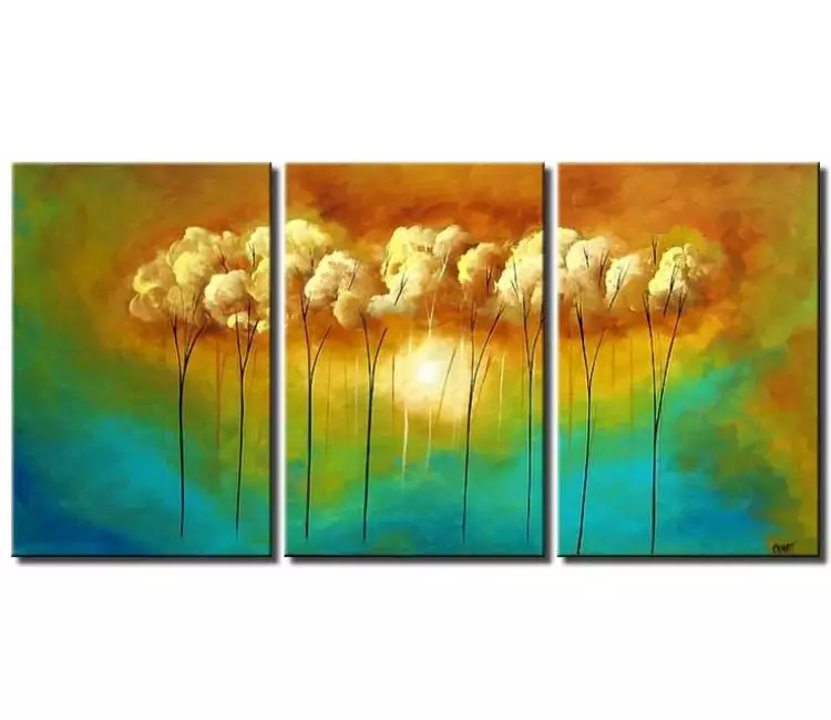 forest painting - big modern abstract trees painting on canvas large original turquoise yellow living room wall art