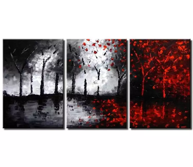forest painting - big black white red landscape abstract painting on canvas modern minimal living room trees art