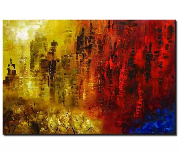 cityscape painting - modern cityscape painting on canvas yellow red blue textured abstract city art