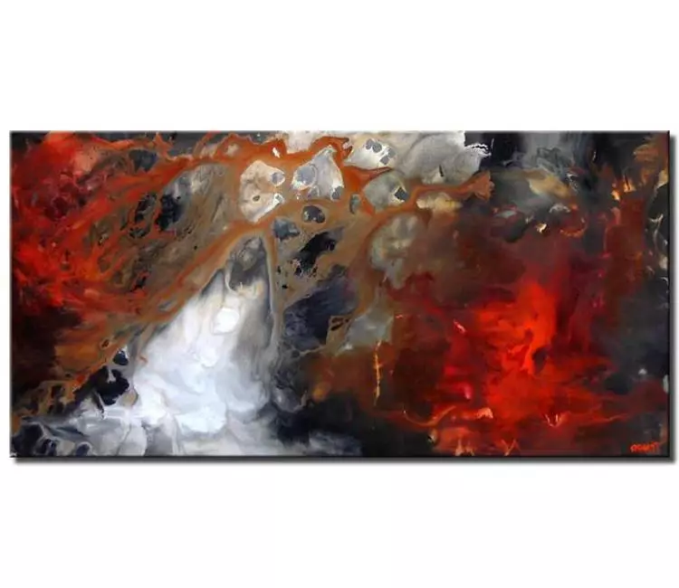 fluid painting - original red white abstract painting on canvas modern wall art for living room
