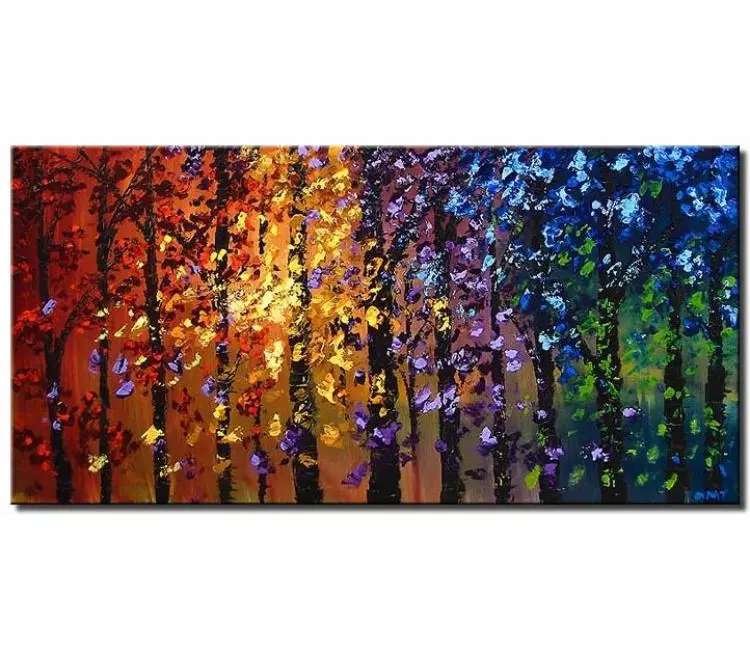 forest painting - colorful modern blooming trees landscape painting on canvas original textured forest art for living room