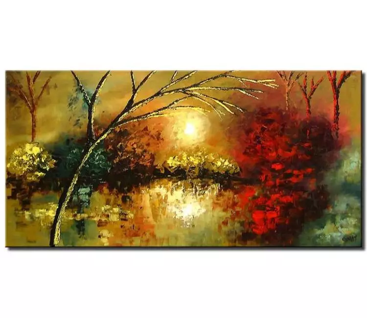 forest painting - neutral abstract landscape lake painting on canvas modern calming blooming trees art