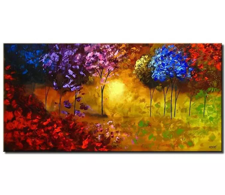 forest painting - colorful abstract landscape lake painting on canvas modern textured blooming trees art