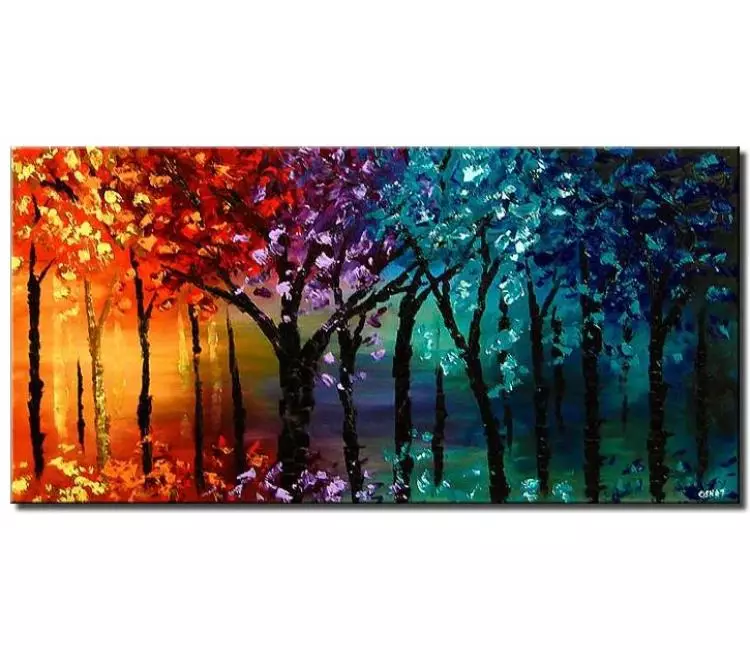 forest painting - colorful teal forest painting on canvas modern landscape trees painting textured original painting for living room