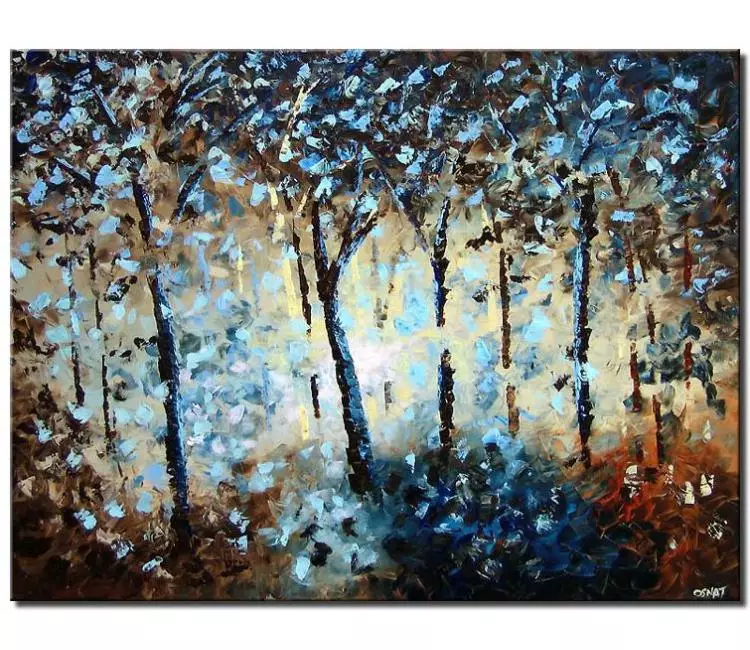 forest painting - colorful blue brown forest painting on canvas modern landscape trees painting textured original painting for living room