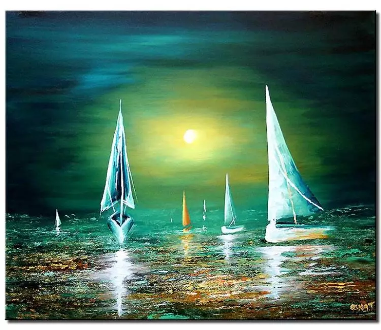 sailboats painting - modern green teal landscape seascape painting on canvas original sailboats ocean painting