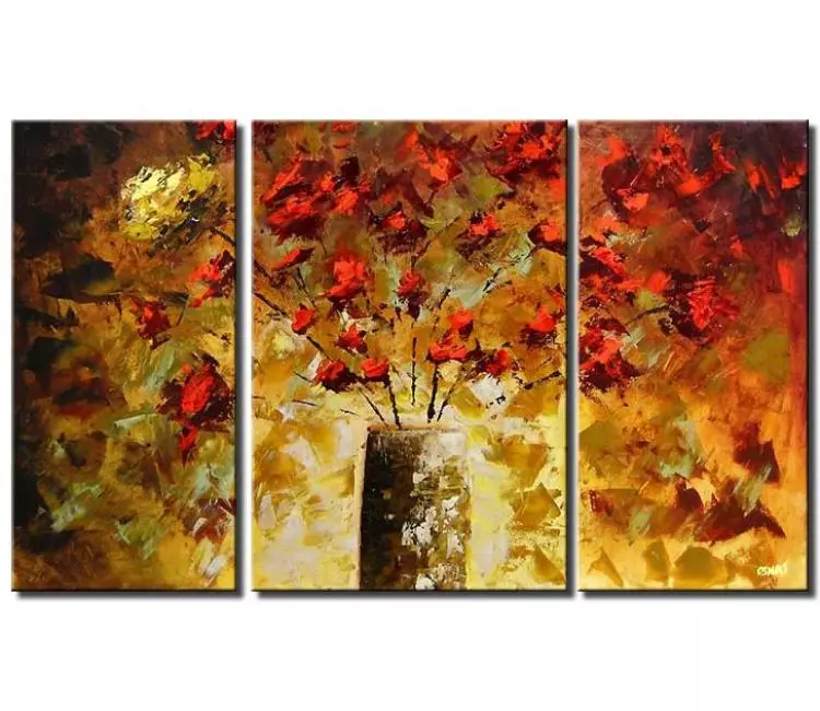 floral painting - big rose flowers painting on canvas modern textured big red gold abstract floral painting for living room