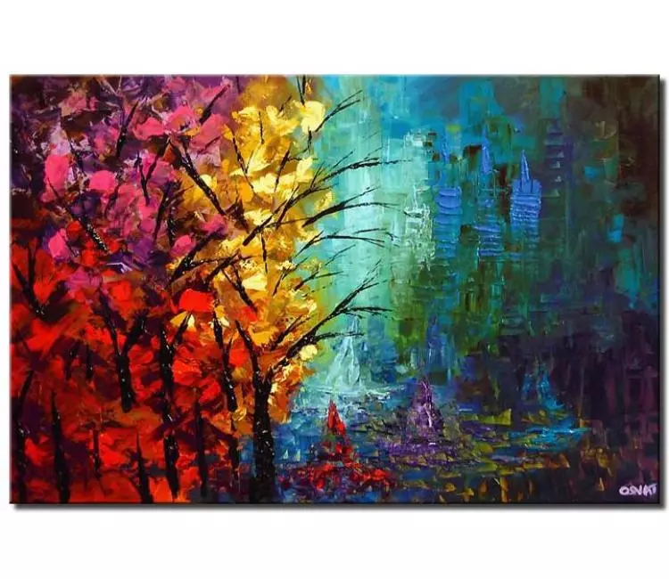 forest painting - colorful modern abstract tree painting on canvas teal city art