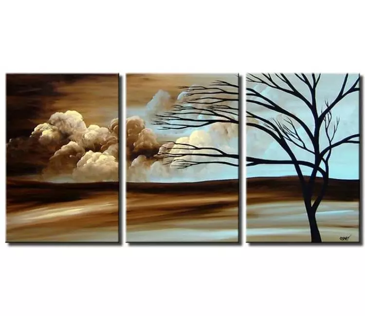 landscape paintings - light blue landscape painting on canvas big modern tree art in earth tone colors